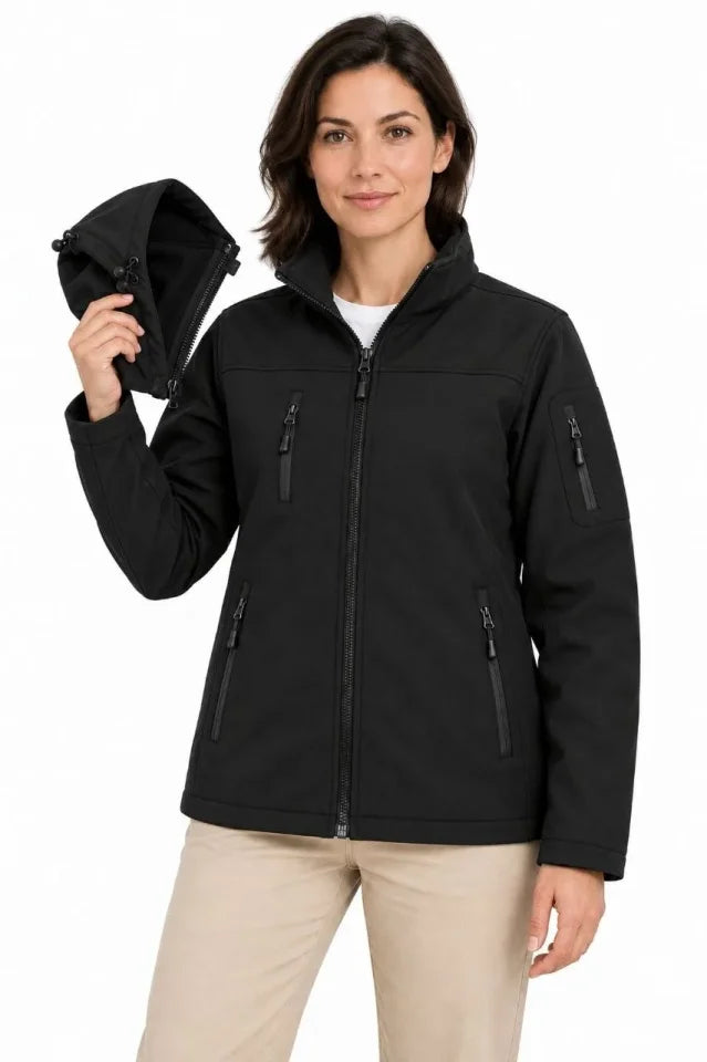Su Geçirmez Softshell İçi Polar Astarlı Çıkarılabilir Kapüşonlu 4 Cepli Mont Ceket - Siyah