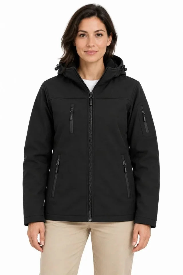 Su Geçirmez Softshell İçi Polar Astarlı Çıkarılabilir Kapüşonlu 4 Cepli Mont Ceket - Siyah