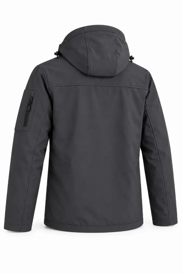 Su Geçirmez Kumaşlı İçi Polar Astarlı Çıkarılabilir Kapüşonlu Personel Mont Ceket - Füme