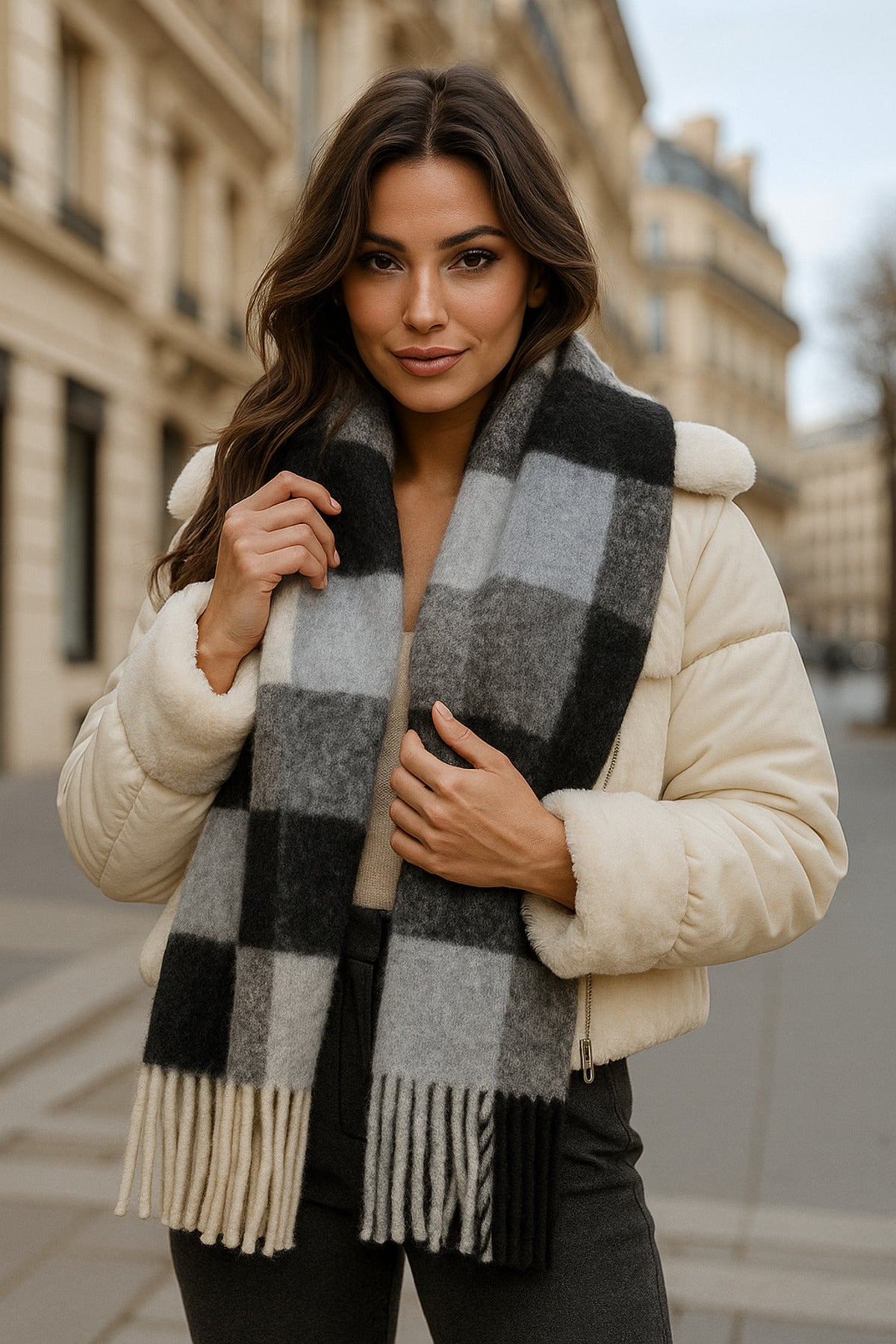 Kışlık Sıcak Yumuşak Geniş Püsküllü Atkı - Kremsi Beyaz Siyah Gri Çizgili Atkı Sal1270