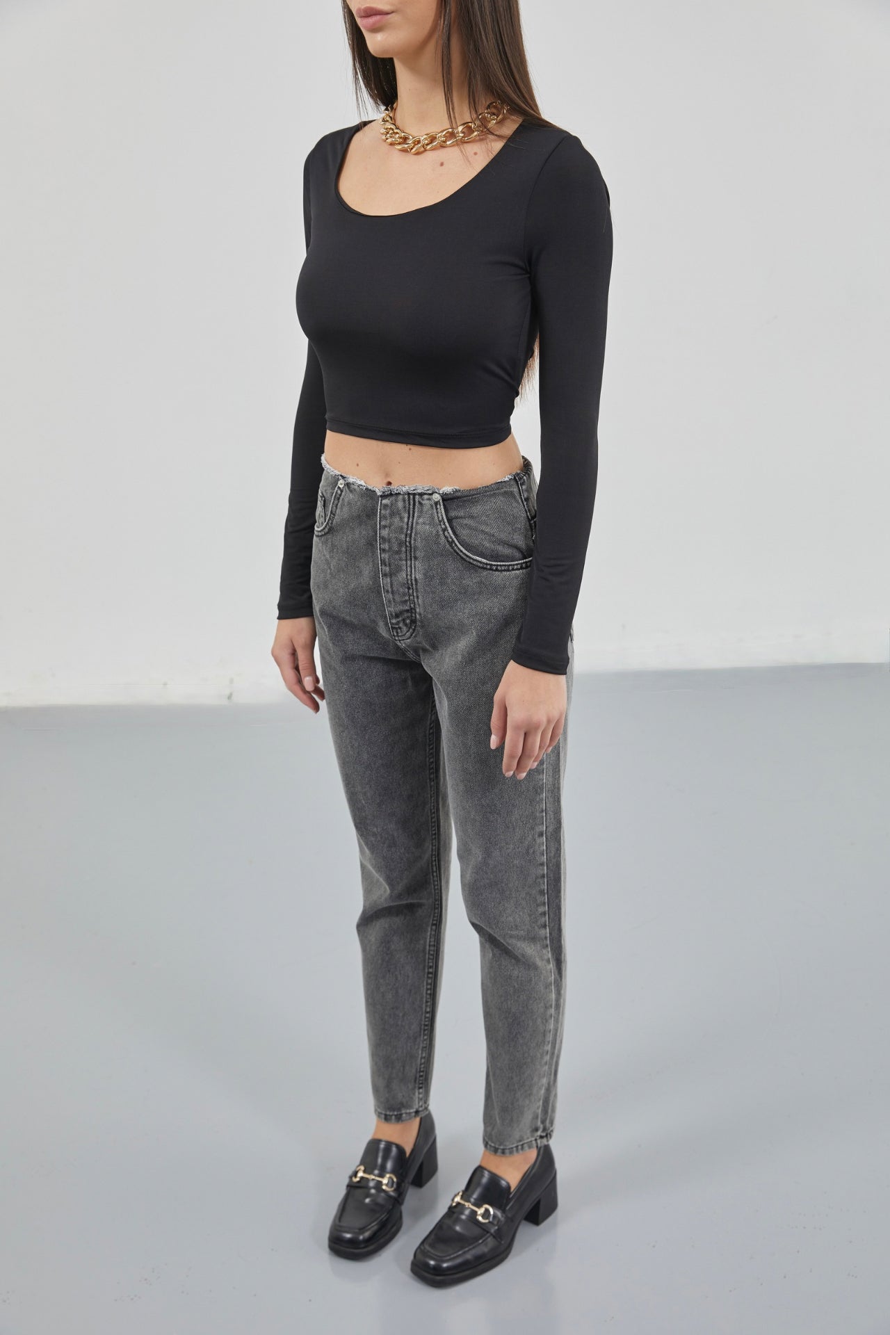 Kare Yaka Siyah Crop Top