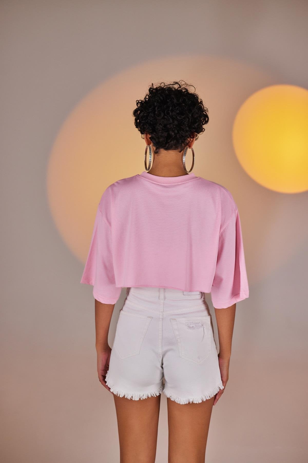 Bisiklet Yaka Holly Crop Tshirt Pembe