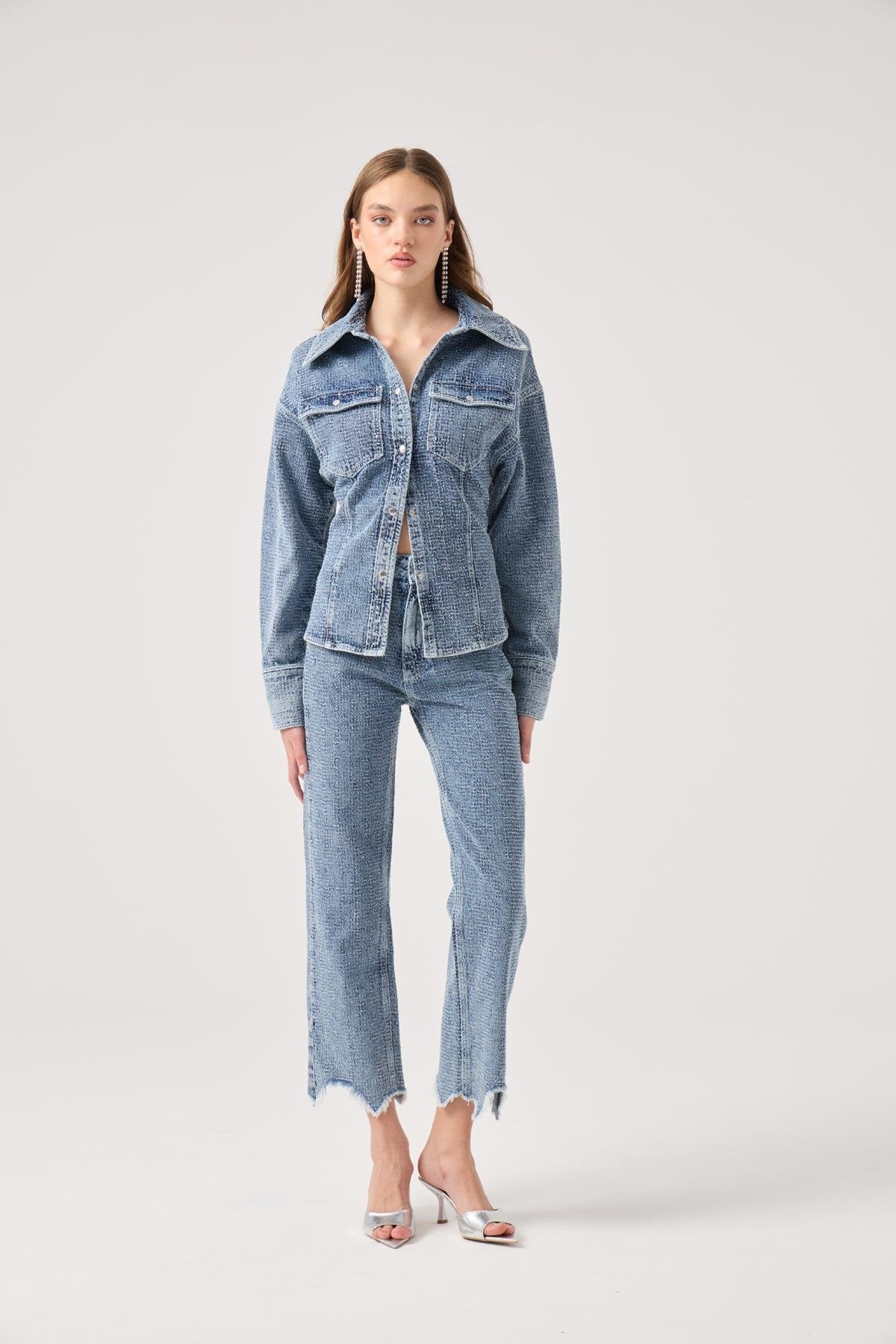 Özel Kumaş Efektli Laura Jean Pantolon Mavi Mavi XS