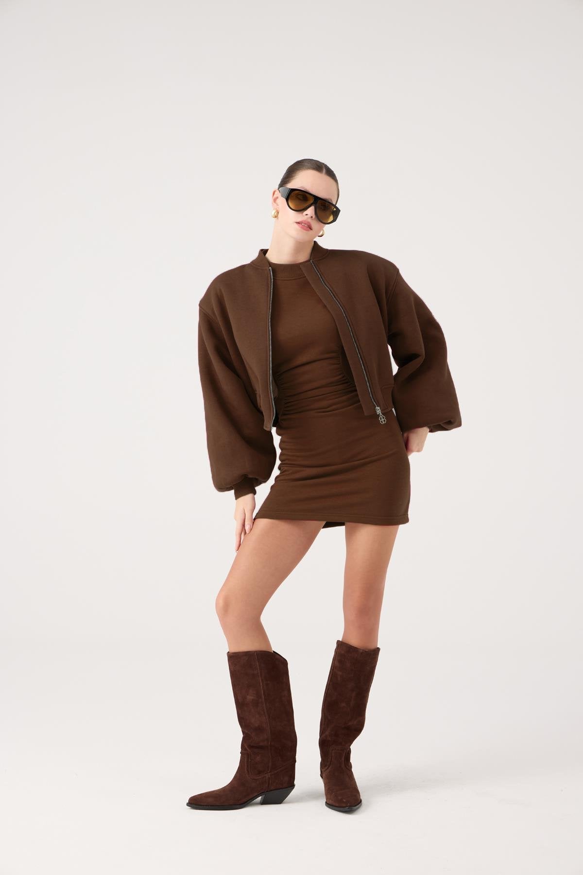 Crop Kesim Vatkalı Parker Bomber Ceket Kahve