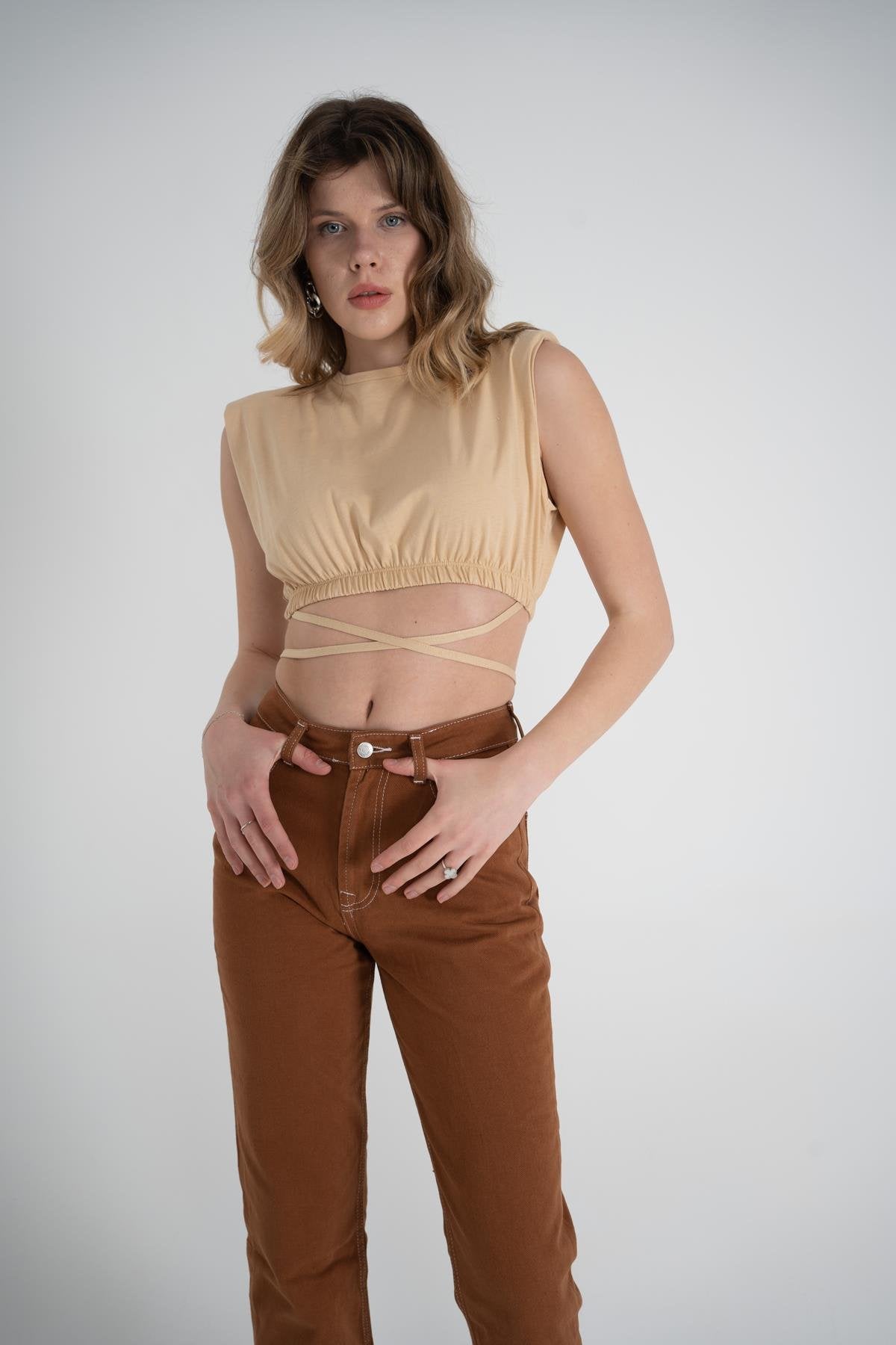 Bel Bağlamalı Crop Candy Tshirt Bej Bej M