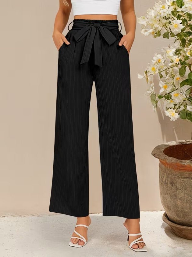 Women's High-Waisted Elastic-Waist Long Wide-Leg Crinkled Trousers with Drawstring Detail