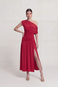One Shoulder Draped Slit Long Emily Dress Red