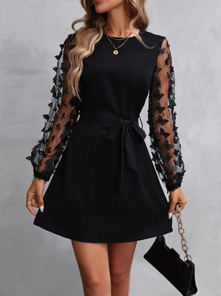 Kadın Uzun Kollu Bisiklet Yaka Kollar Tül Kelebek Detaylı Ithal Krep Elbise , 34759