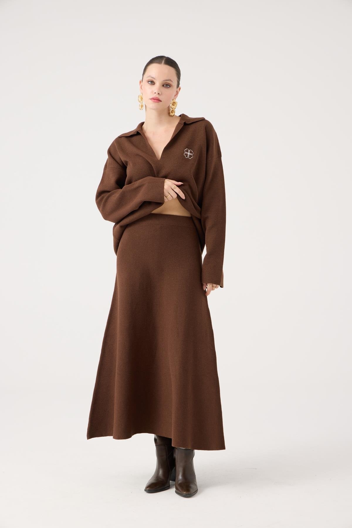 Beli Lastikli Uzun Zoi Triko Etek Kahve