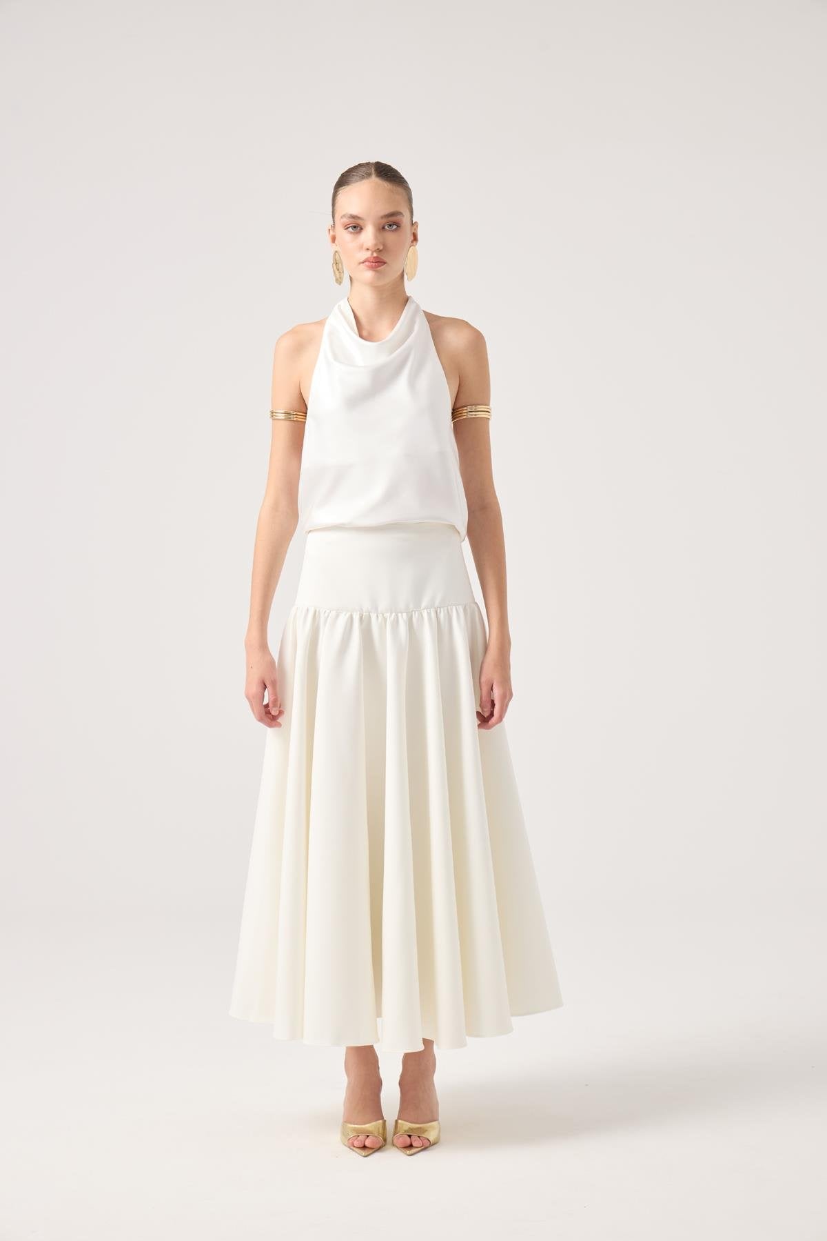 Fermuarlı Uzun Elenor Etek Beyaz Beyaz L