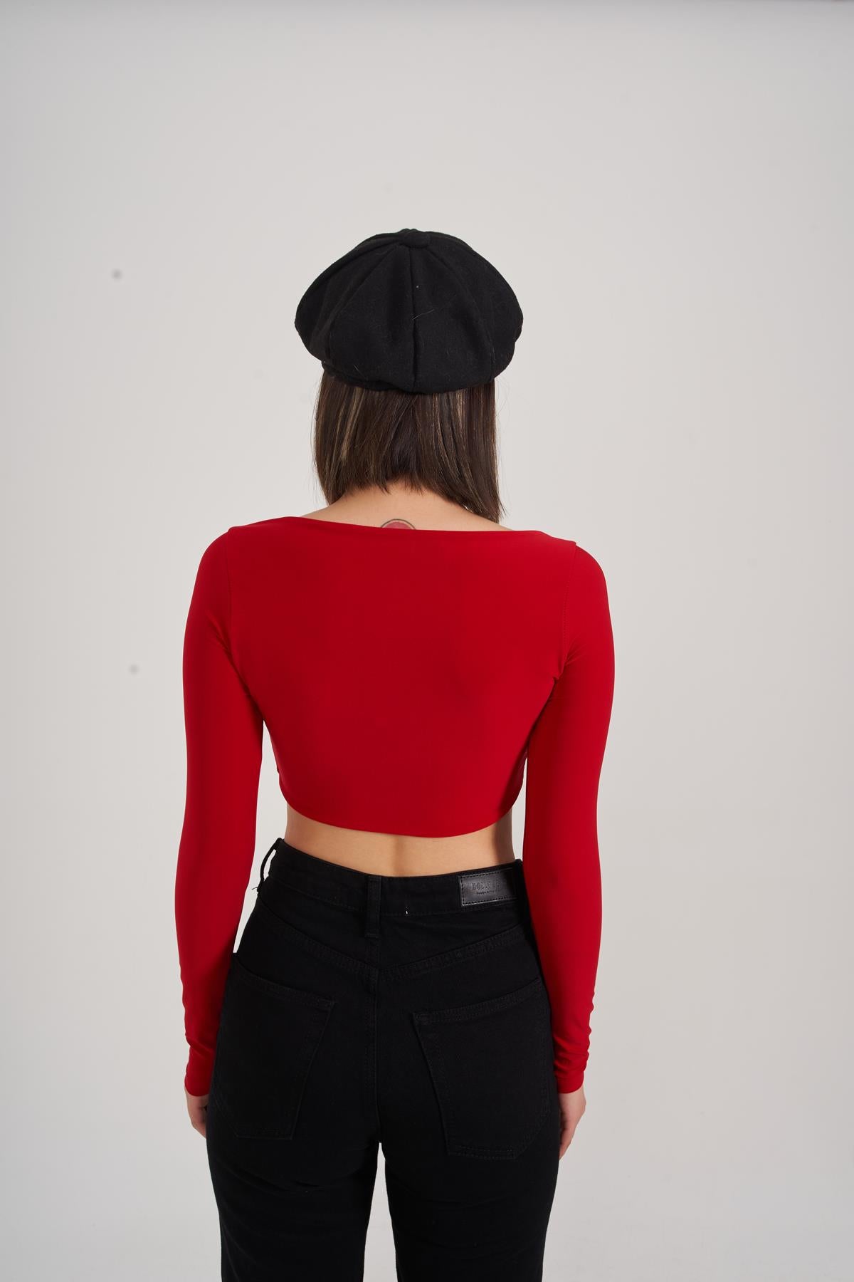 Crop Model Uzun Kol Walery Bluz Kırmızı