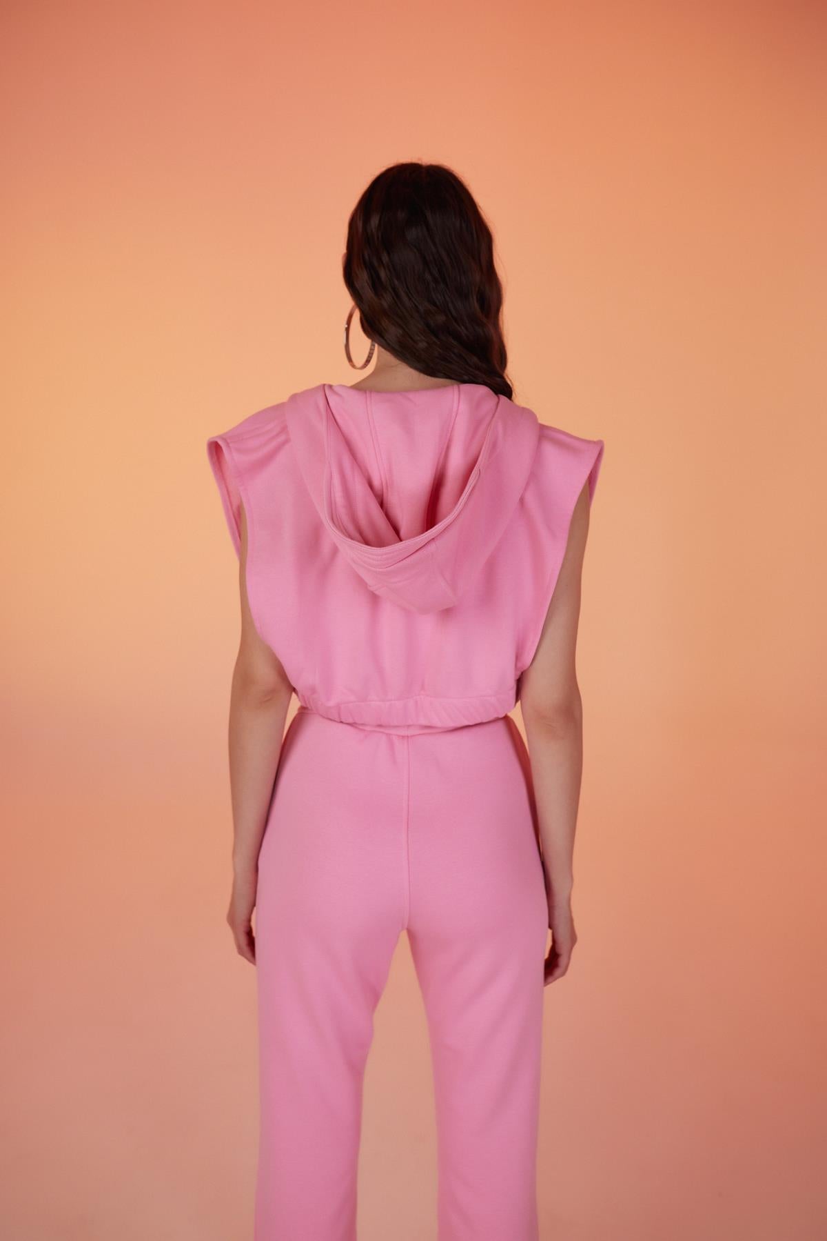 Kapişonlu Çıtçıt Kapamalı 3 İplik Jura Yelek Pembe