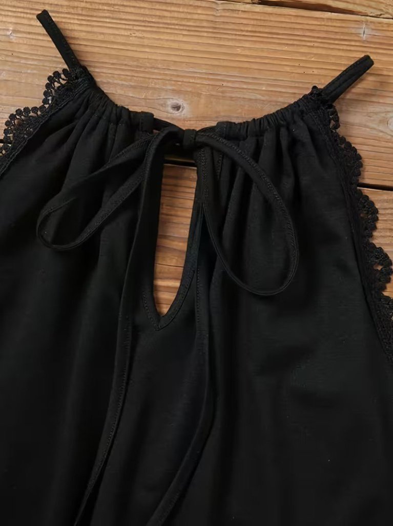 Women’s Round-Neck Short Viscose Dress with Back Tie, Button Details, and Asymmetrical Hemline
