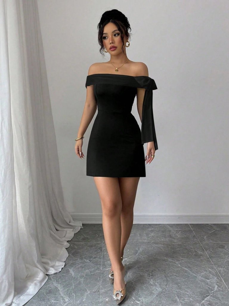 Women's Madonna-Collar Short Imported Crepe Dress with Ribbon Detail