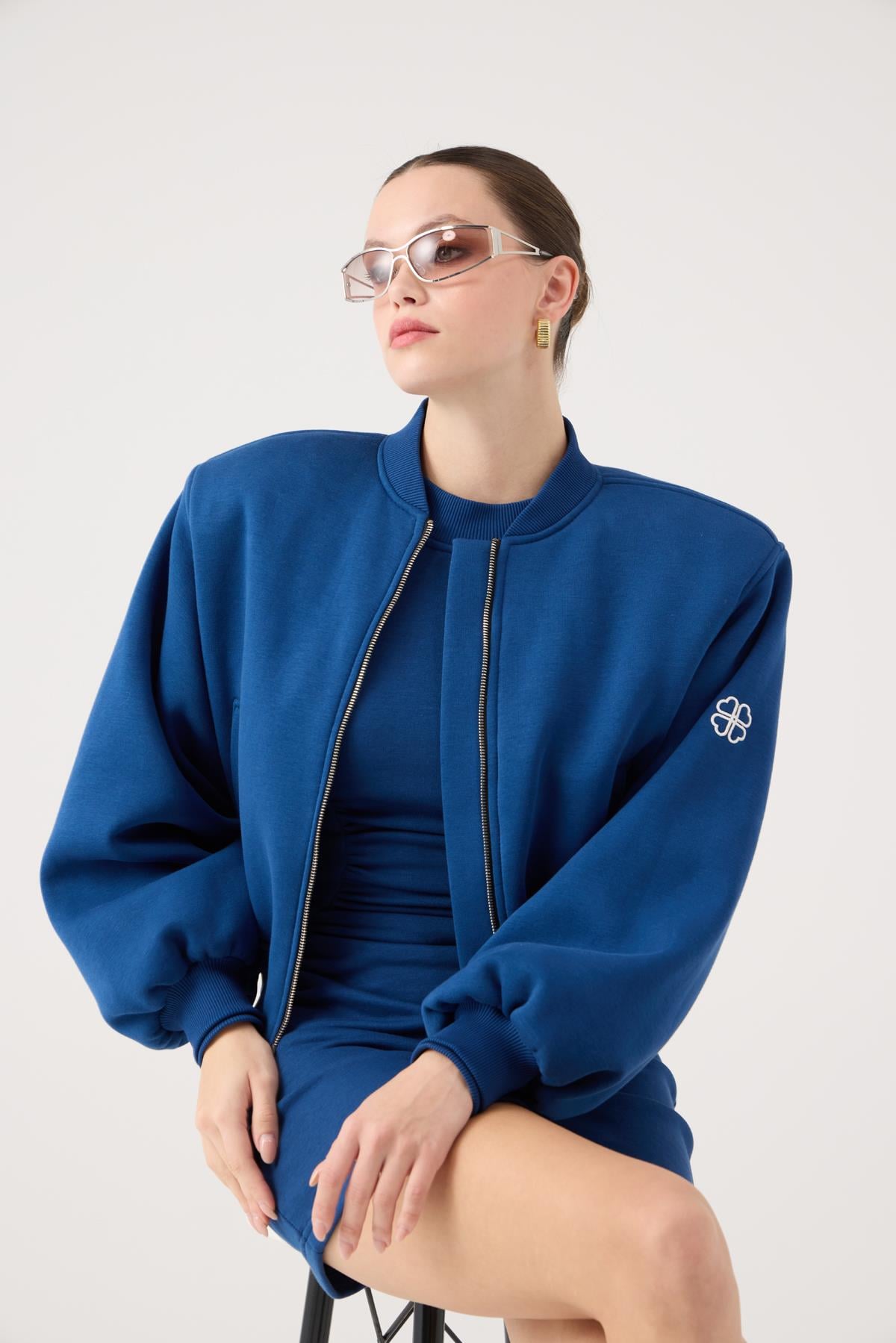 Crop Kesim Vatkalı Parker Bomber Ceket Mavi