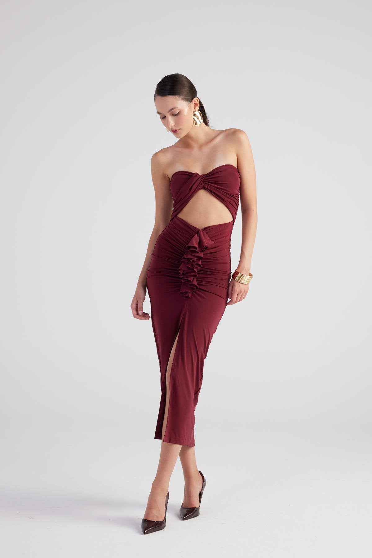 Büzgü Detaylı Straplez Yırtmaçlı Hailey Elbise Bordo Bordo L