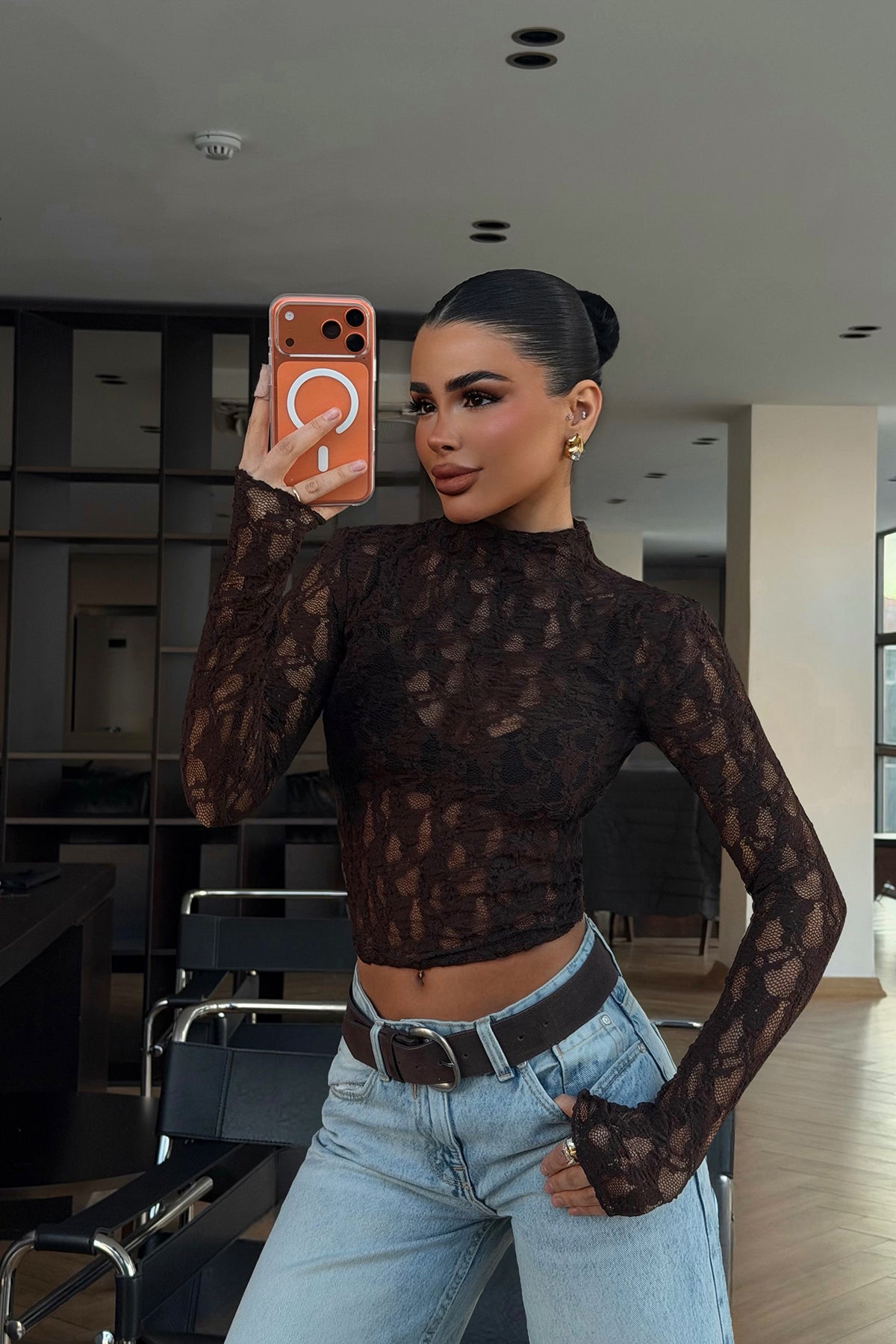 Acı Kahve Raquel Dantel Transparan Bluz ATE-4640