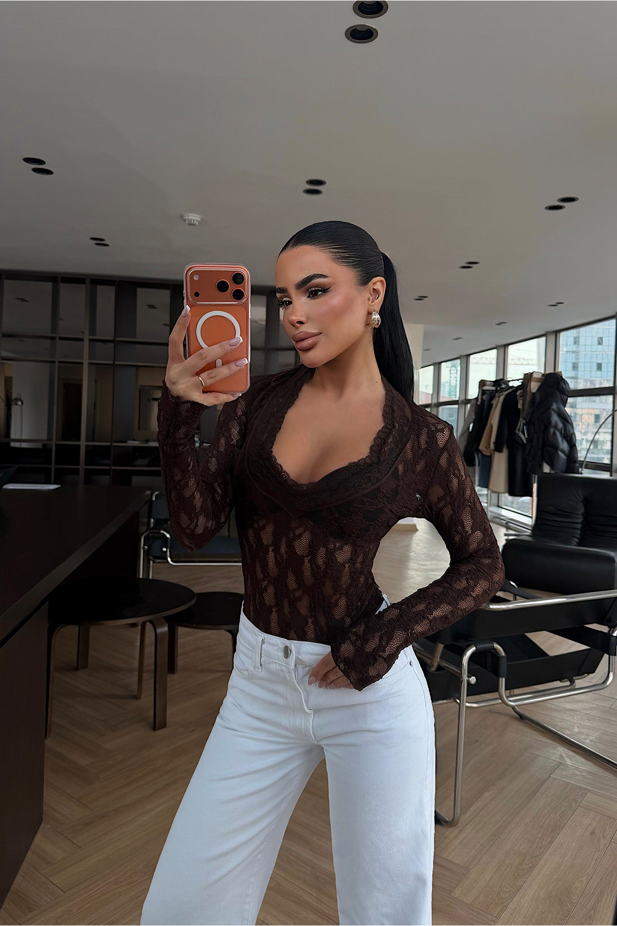 Acı Kahve Transparan Dantel Bluz ATE-4874