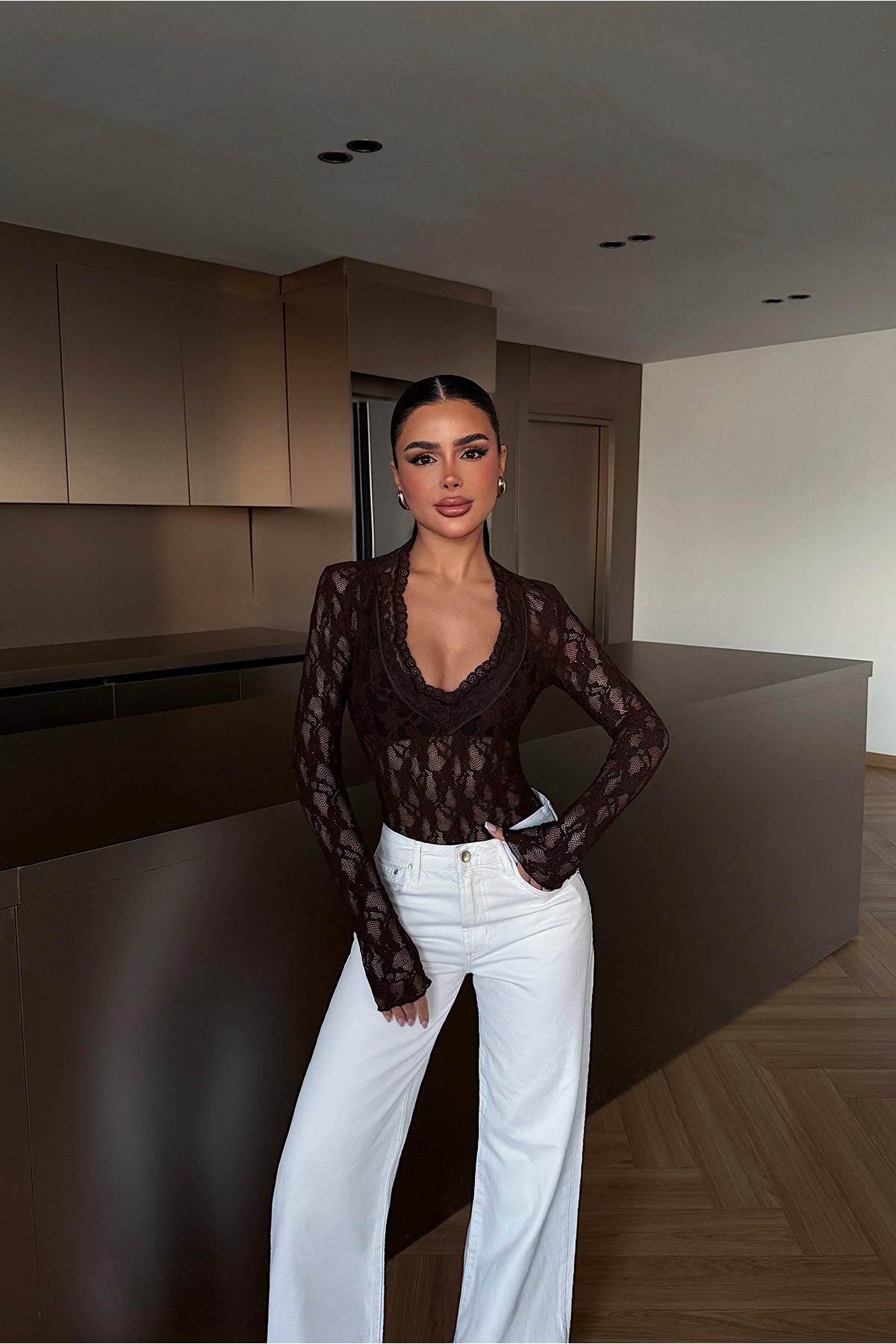 Acı Kahve Transparan Dantel Bluz ATE-4874