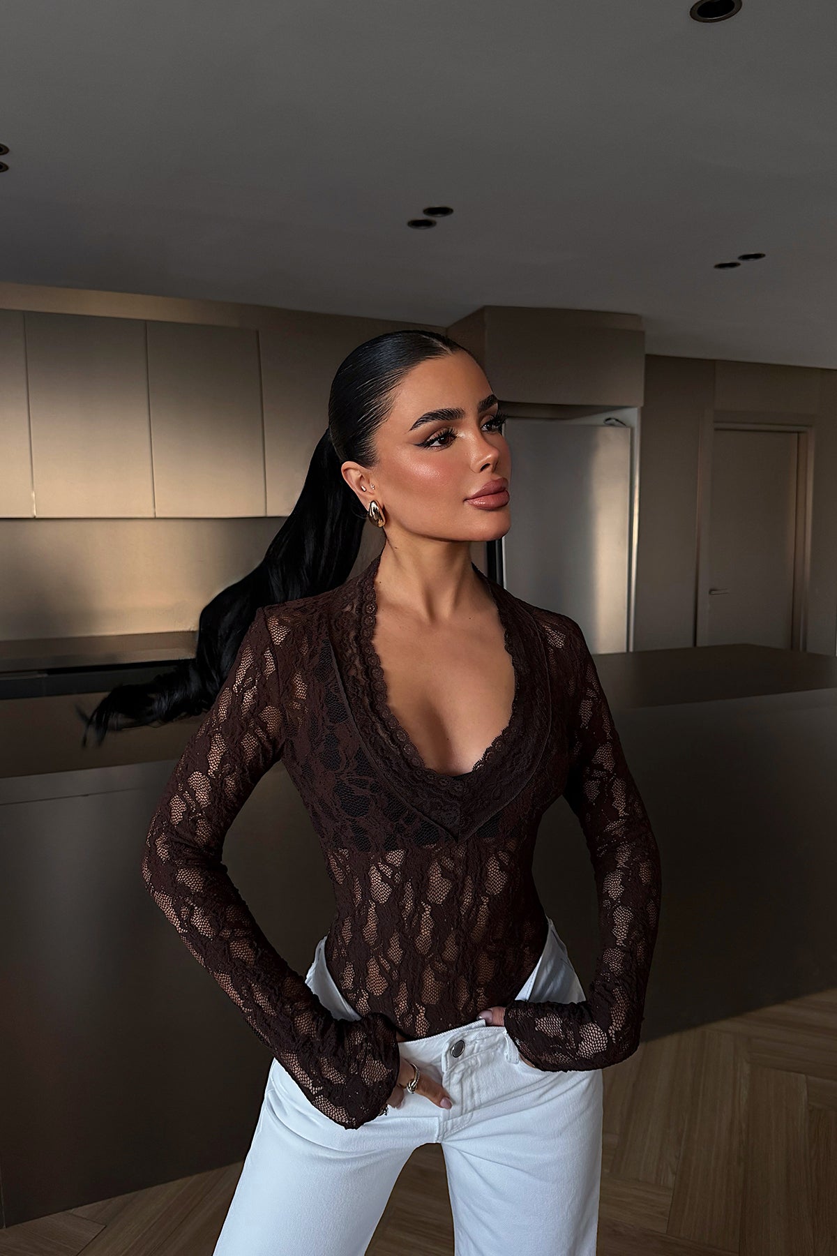 Acı Kahve Transparan Dantel Bluz ATE-4874