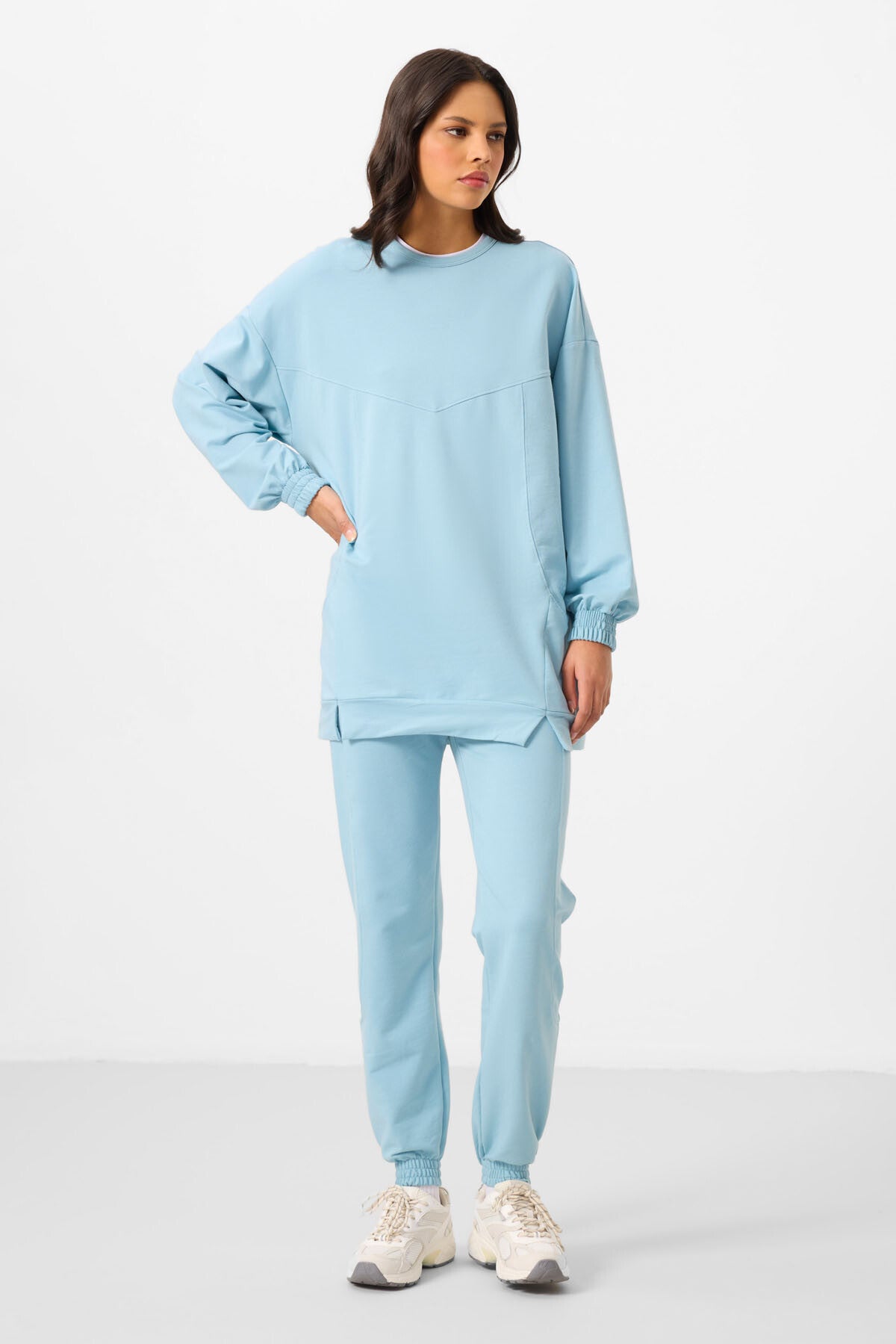 Açık Mavi O Yaka Basic Oversize Kadın Eşofman Tunik Takım - 95347