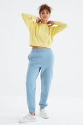 Light Blue High-Waisted Brushed 3-Thread Cotton Basic Women’s Sweatpants - 94624