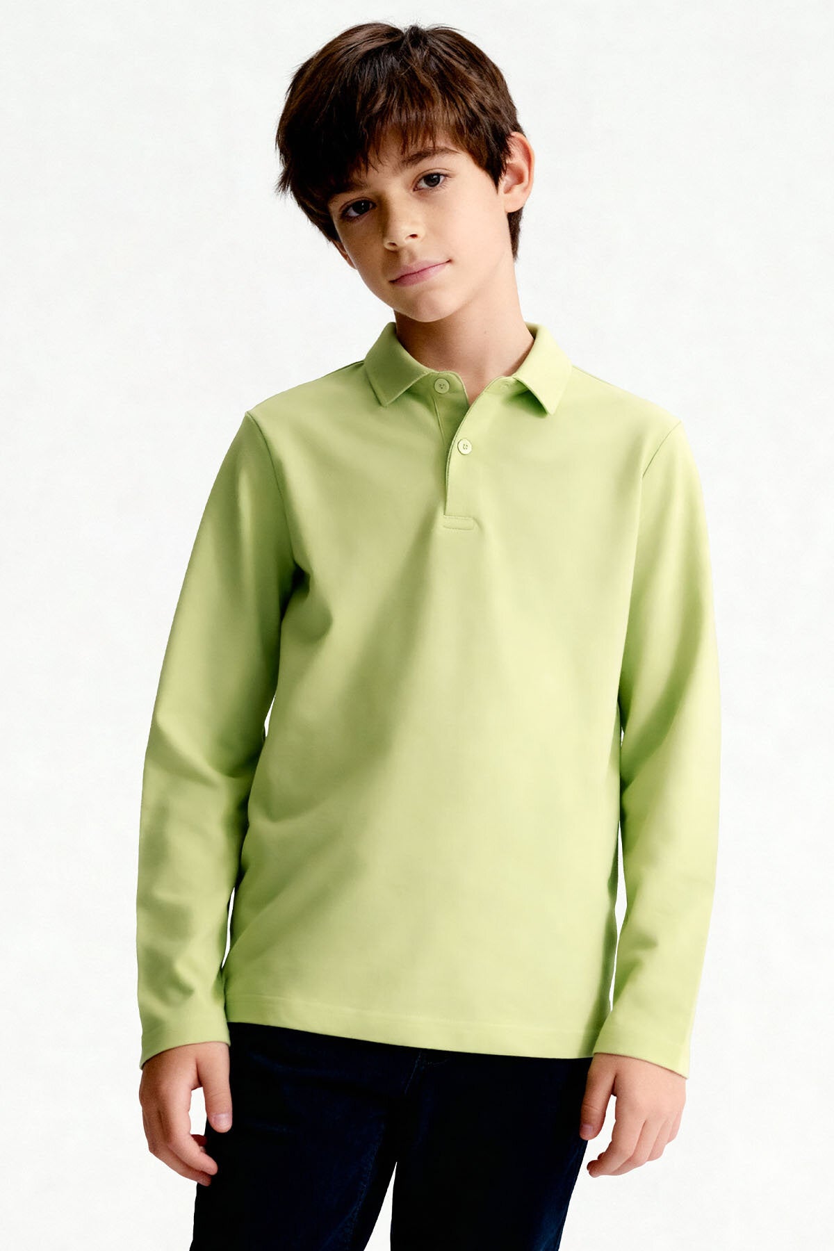 Açık Yeşil Polo Yaka Basic Uzun Kollu Unisex Çocuk T-Shirt - 11170