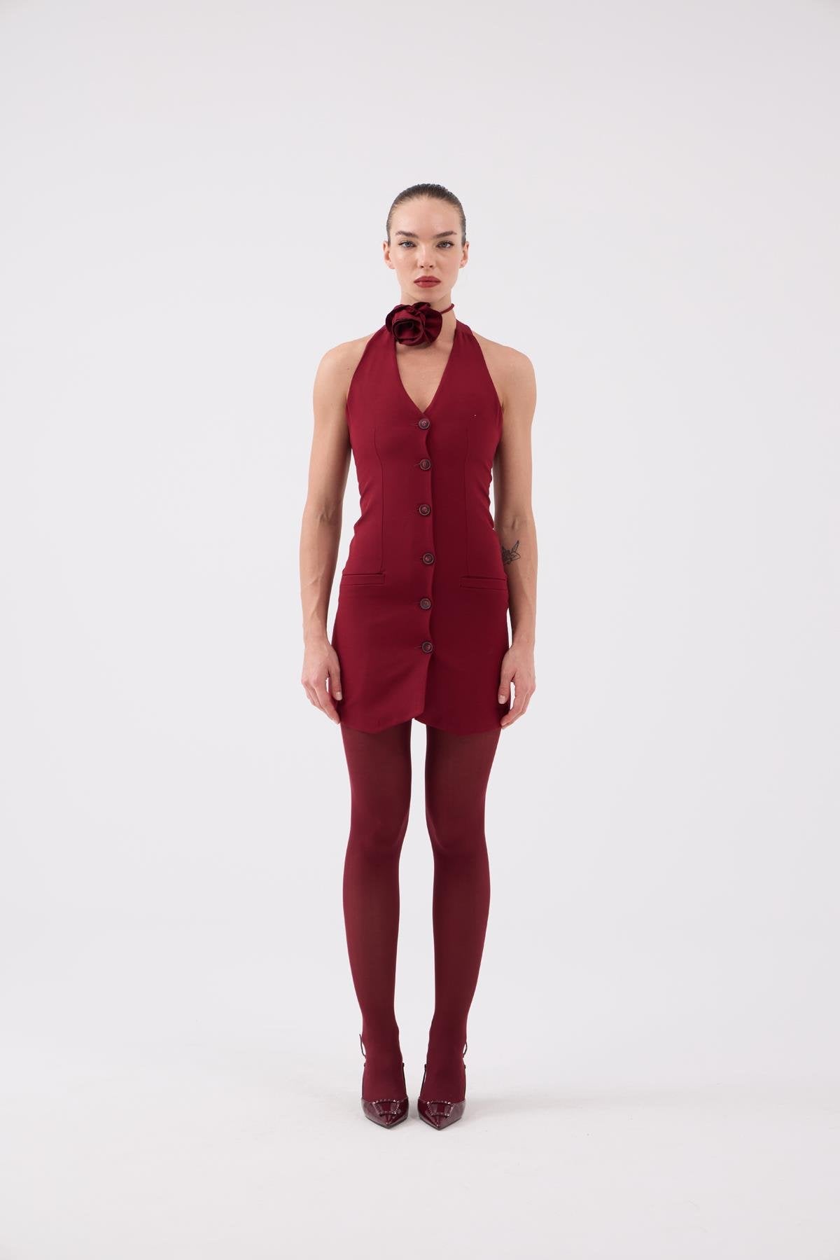 Gül Aksesuarlı Halter Yaka Düğmeli Mini Becca Elbise Bordo Bordo L