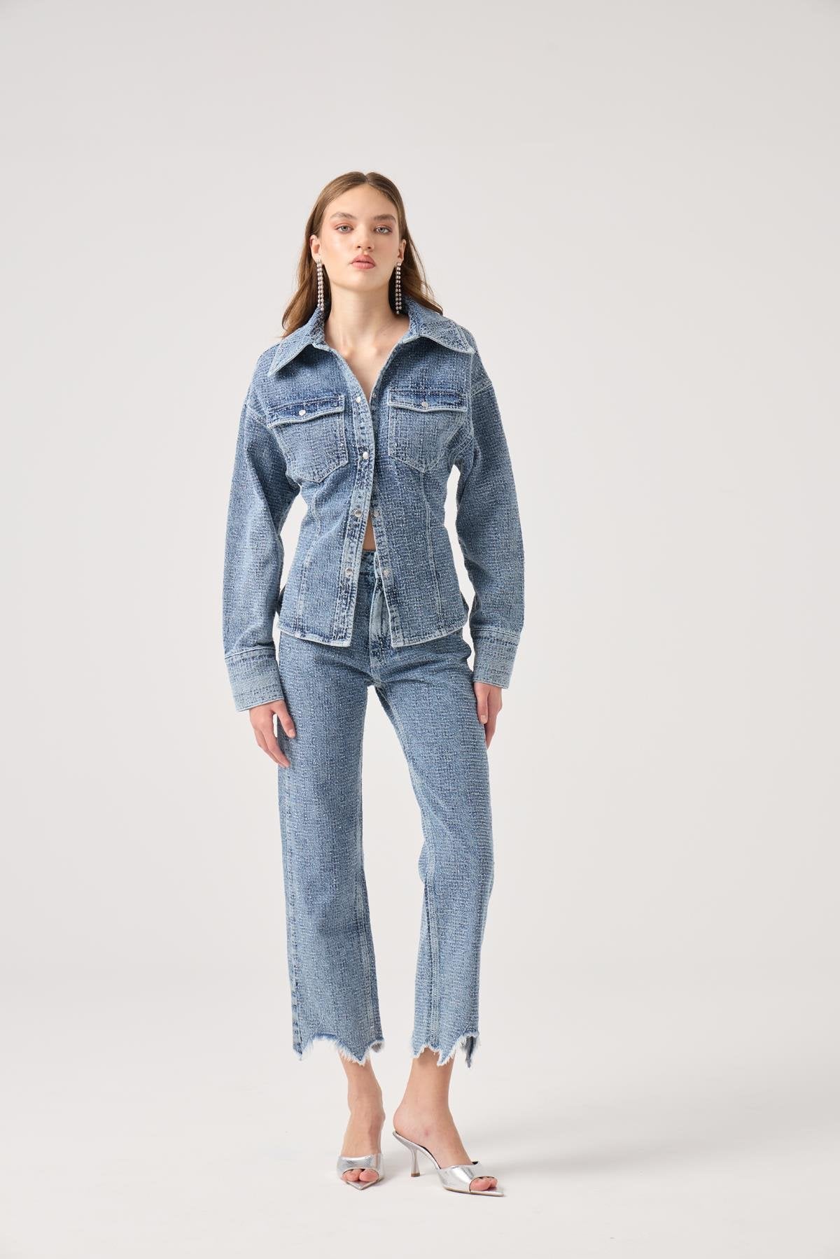 Özel Kumaş Efektli Belden Oturmalı Laura Jean Ceket Mavi