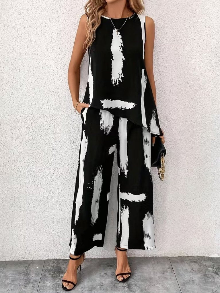 Kadın Kolsuz Bisiklet Yaka Desenli Bluz Ve Pantolon Ikili Takım