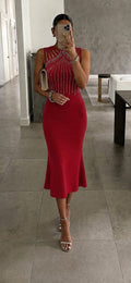 Women's Sleeveless Midi Shimmer Crepe Dress with Rhinestone Strap Details on Shoulders