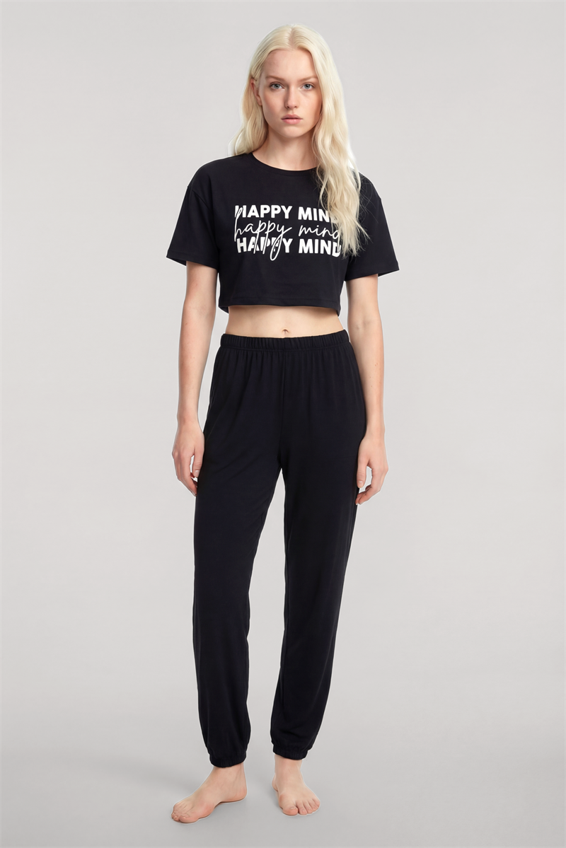 Akbeniz Baskılı Crop T-Shirt Pantolon Takım Siyah