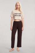 Akbeniz Printed Crop T-Shirt and Pants Set Sand Coffee