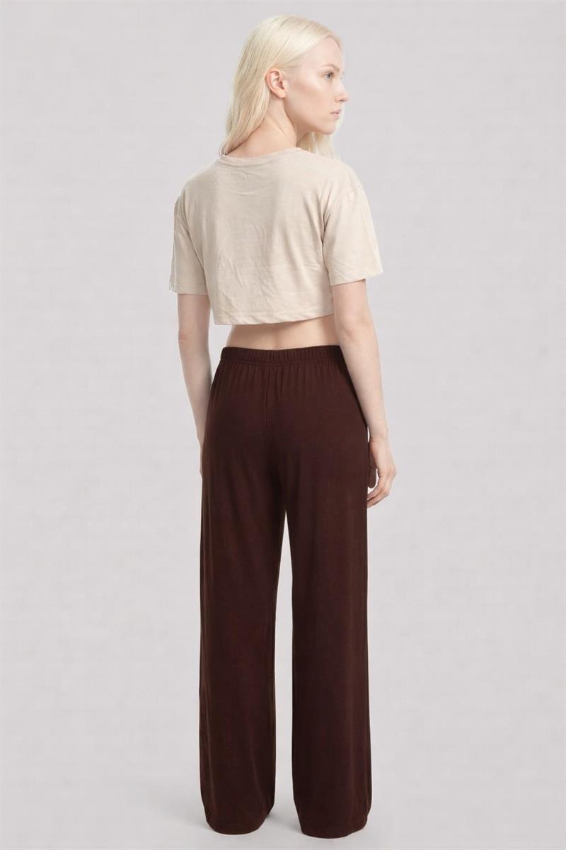 Akbeniz Baskılı Crop T-Shirt Pantolon Takım Kum Kahve