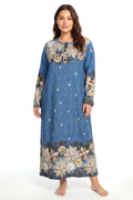 Akbeniz Büyük Beden Çiçek Desenli Uzun Kollu Anne Geceliği Mavi