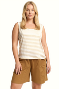Akbeniz Plus Size Striped Pajama Set with Shorts and Tank Top for Women with Pockets – Beige