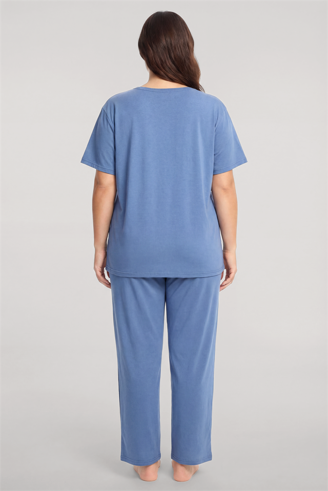Akbeniz Büyük Beden Düğmeli Kısa Kollu Pijama Takımı Mavi
