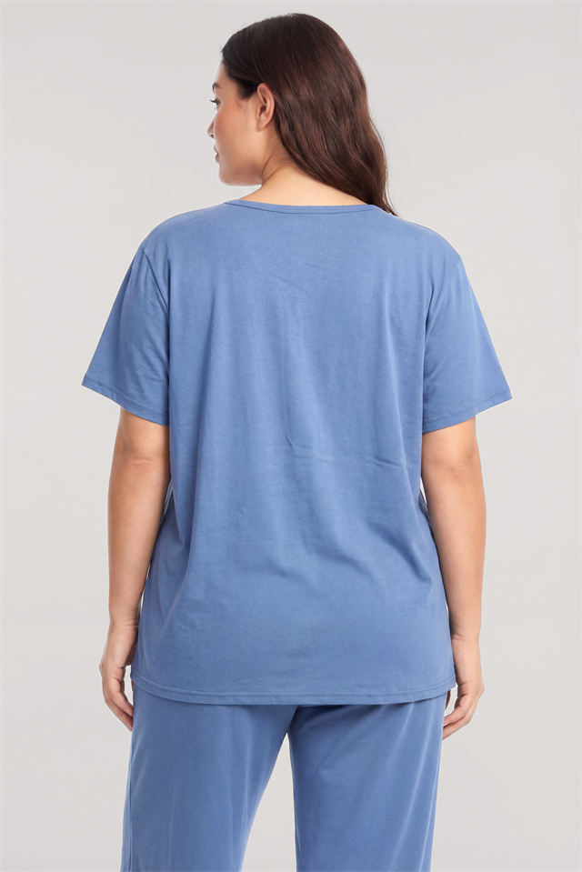 Akbeniz Büyük Beden Düğmeli Kısa Kollu Pijama Takımı Mavi