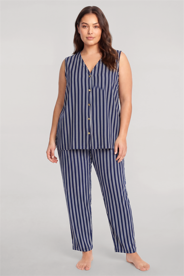 Akbeniz Büyük Beden Lacivert Çizgili Yelekli Yazlık Pijama Takımı