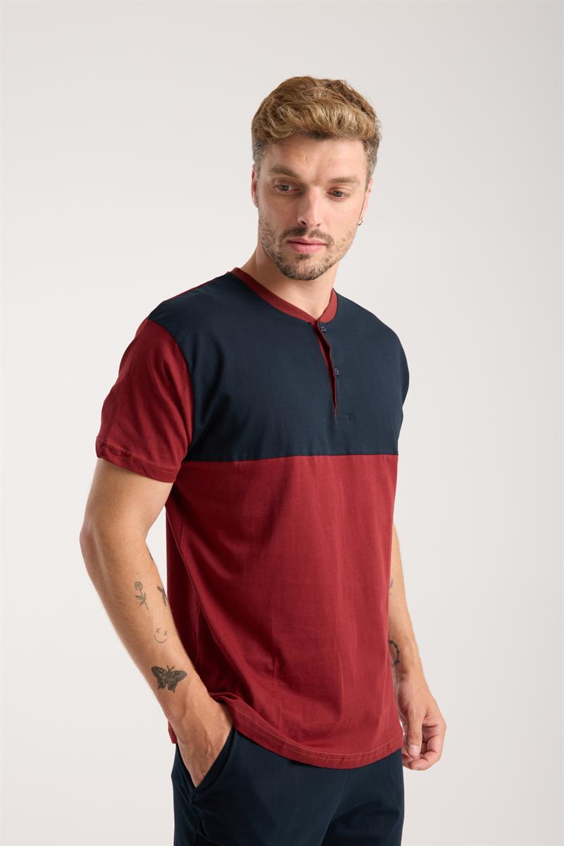 Akbeniz Erkek Bordo Düğmeli Yaka Kısa Kol Pijama Takımı
