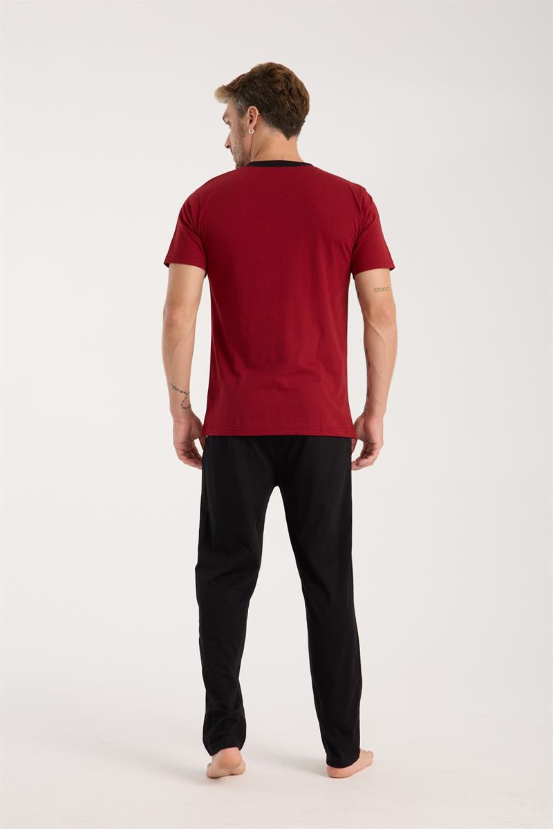 Akbeniz Erkek Bordo Düğmeli Yaka Kısa Kol Pijama Takımı