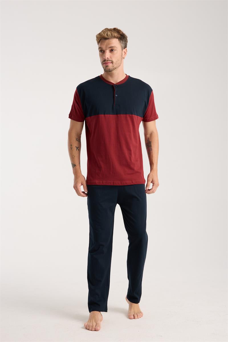 Akbeniz Erkek Bordo Düğmeli Yaka Kısa Kol Pijama Takımı