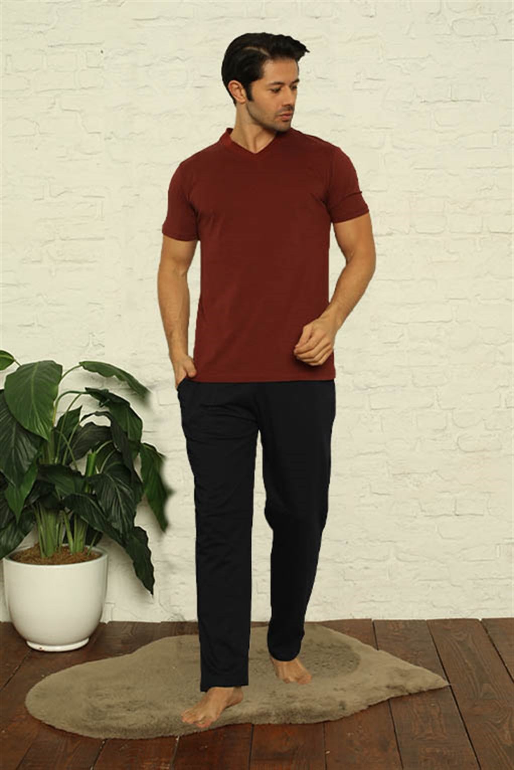 Akbeniz Erkek Bordo V Yaka 3'lü Pijama Takım 6822