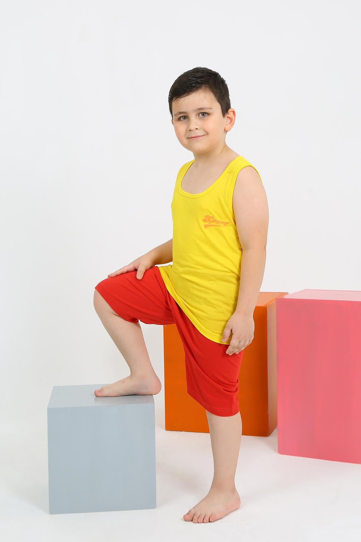 Akbeniz Erkek Çocuk Sıfır Kol Şortlu Sarı Penye Pijama Takımı 20434