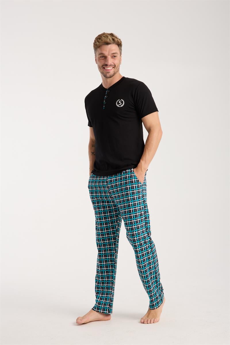 Akbeniz Erkek Düğmeli Yaka Siyah Kısa Kol Pijama Takımı