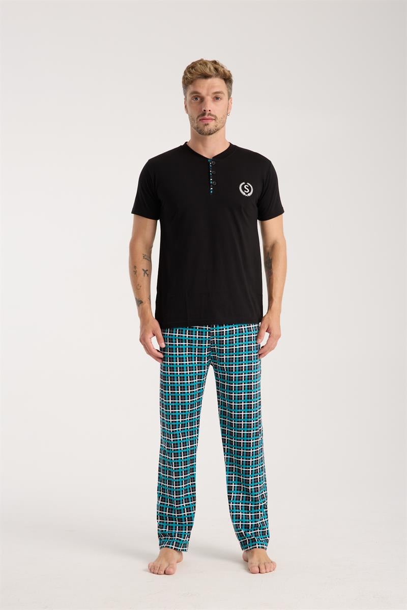 Akbeniz Erkek Düğmeli Yaka Siyah Kısa Kol Pijama Takımı