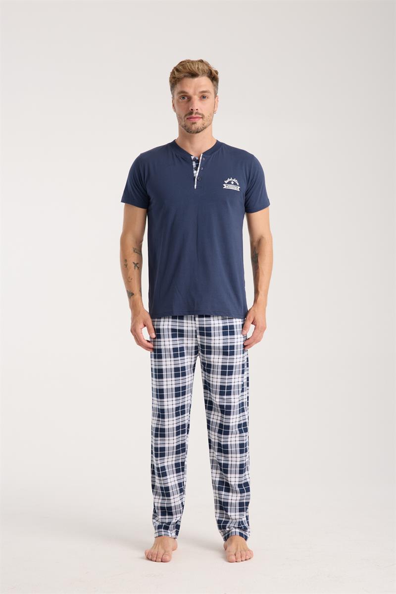 Akbeniz Erkek Lacivert Düğmeli Yaka Kısa Kol Pijama Takımı