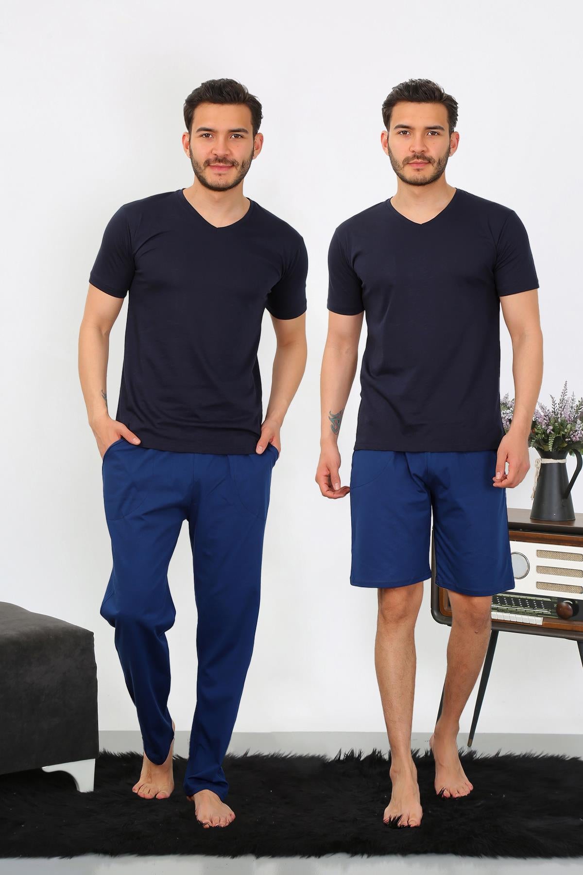 Akbeniz Erkek Penye 3'lü Lacivert V Yaka Pijama Takımı 6822