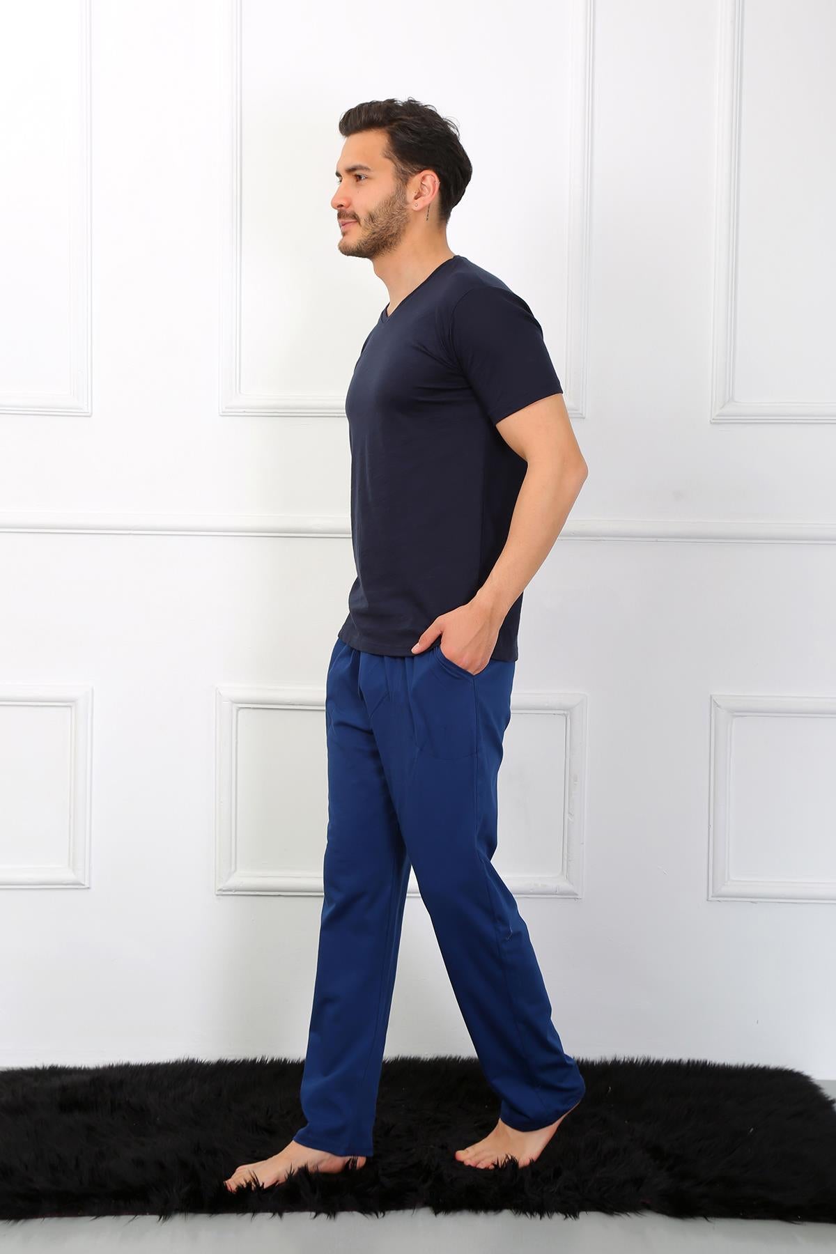 Akbeniz Erkek Penye 3'lü Lacivert V Yaka Pijama Takımı 6822