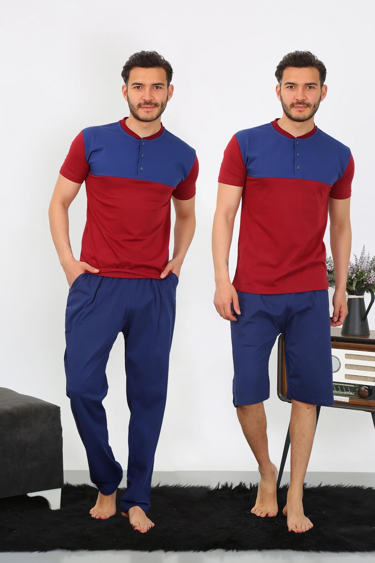 Akbeniz Erkek Penye 3'lü Parlamentmavi Parçalı Pijama Takımı 6823